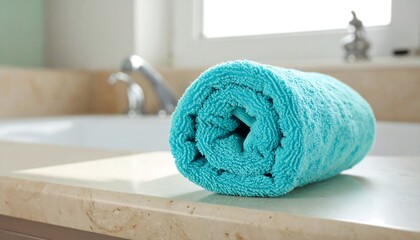 Rolled turquoise towel on a marble countertop in a bathroom