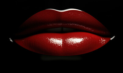 Glossy Red Lips on Black Background for Beauty and Makeup Inspiration, flat lay composition