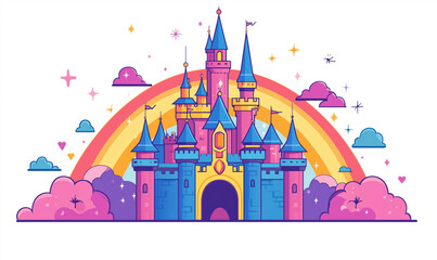 Colorful cartoon castle with rainbow and clouds in whimsical style, image with copy space