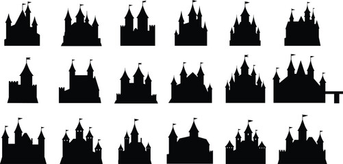 Castle silhouette collection, black vector icons, medieval fortress design, fantasy architecture clipart, turrets and flags, fairytale castle graphic set