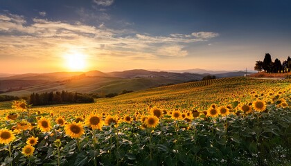 Sunflowers Field In The Italian Hill At Sunset