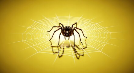Obraz premium Spider on a web against a yellow background in a studio shot