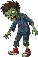 Cartoon Green Zombie Boy with Torn Clothes and Sneakers, Creepy Halloween Undead Character for Spooky Design ThemesCartoon Green Zombie Boy with Torn Clothes and Sneakers, Creepy Halloween 