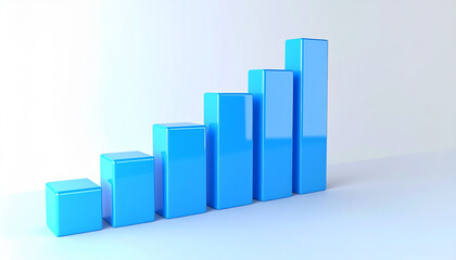 Glossy 3D-rendered blue bar chart, upward trend. Financial growth and achievement. Close-up.
