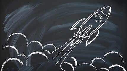 Inspiring Chalk Drawing of a Rocket Launching into a Cloudy Sky