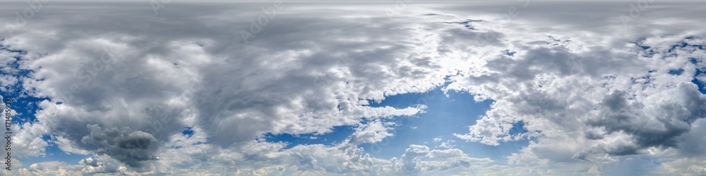 Wall mural seamless cloudy blue sky with sun 360 hdri panorama with zenith and beautiful clouds for use in 3d g
