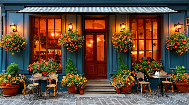 Paris-inspired caf&eacute; with striped awning and glowing windows, lush flowers above the blue facade, wicker chairs lining the sidewalk, cinematic photorealism with romantic mood.