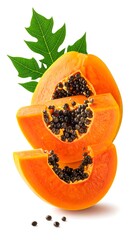 Fresh papaya slices with green leaves