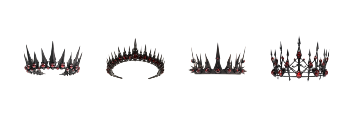 Spiked Black Crowns With Red Gems Set. Gothic And Fantasy Headwear Collection Isolated On Transparent Background