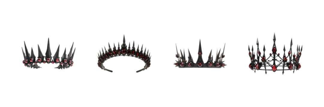 Spiked Black Crowns With Red Gems Set. Gothic And Fantasy Headwear Collection Isolated On Transparent Background
