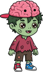 Cartoon zombie child wearing brain hat and mismatched shoes smiling in red shirt for Halloween vector illustrationCartoon zombie child wearing brain hat and mismatched shoes smiling in red shirt for 