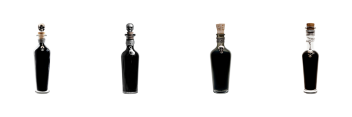 Dark Glass Bottles With Skull Stoppers Set. Gothic Decor And Halloween Theme Collection Isolated On Transparent Background