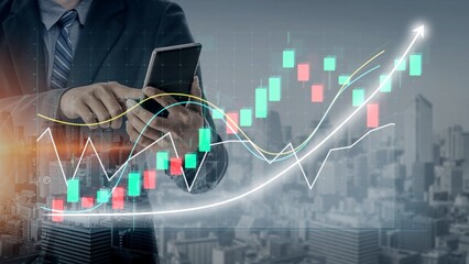 A businessman analyzes financial data on his smartphone, surrounded by modern graphs and cityscape, representing growth and market trends in the finance sector. Copula