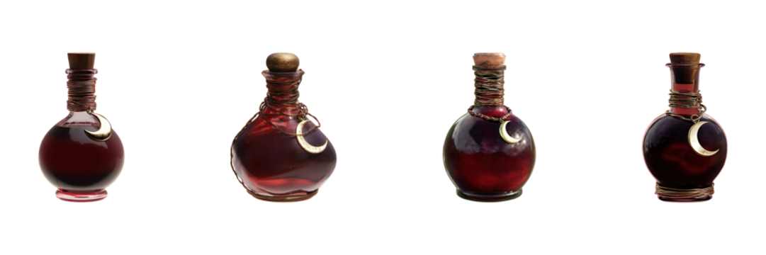Antique Potion Bottles With Crescent Moon Charms Set. Mystical And Alchemical Collection Isolated On Transparent Background