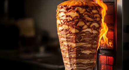 Deliciously Rotating Shawarma Spit with Flaming Charred Meat and Savory Aromas