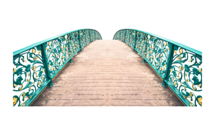 Path to Serenity: An intricately designed pedestrian bridge, featuring a wooden pathway and ornate iron railings, invites a journey through architectural artistry. 