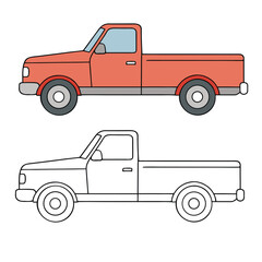 A fun side-view of a pickup truck coloring page featuring detailed wheels, body, and cargo area, perfect for kids and truck enthusiasts to color and enjoy.  © Prasanta Saha
