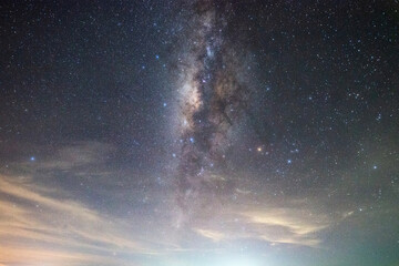 Stunning Night Sky Displaying the Milky Way: A breathtaking view of the night sky, the majestic Milky Way galaxy arches across the heavens, a mesmerizing display of celestial beauty.