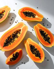 Fresh papaya slices on a white surface