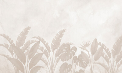 Neutral Beige Botanical Wall Mural with Tropical Leaves and Plants Silhouette – Elegant Nature Background © csinie1