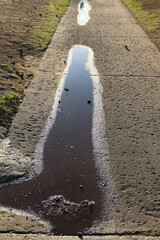 Backlit shot of a wet walkway with puddles after spring rain