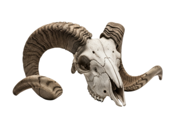 Weathered ram skull, large textured horns, matte aged bone, cracks, on transparent studio background with copy space, sharp macro focus. Concept of natural history and primal symbolism