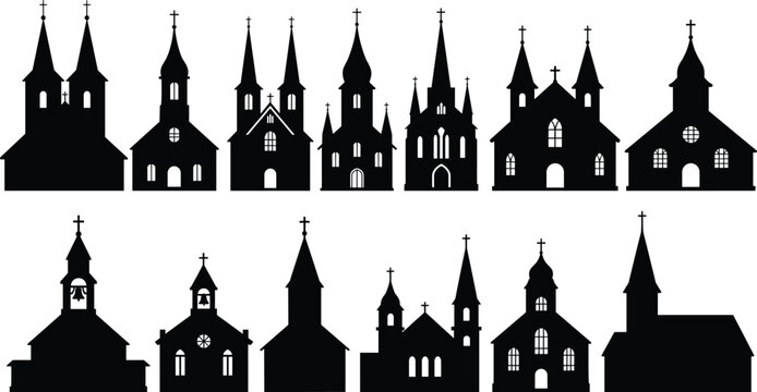 Church silhouette collection, black vector icons, religious architecture graphic, steeples and crosses, chapel design set, historic worship building clipart