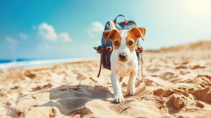 Jack Russell terrier puppy exploring sand, small backpack, gentle waves, bright sunny day