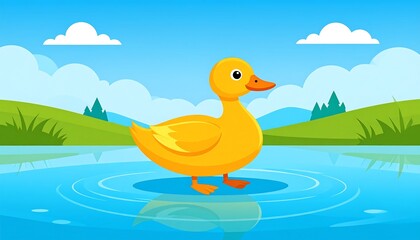 Cheerful Yellow Duckling in a Serene Lakeside Scene