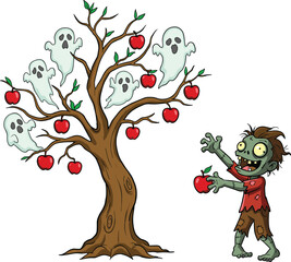 Cartoon zombie picking apple from haunted tree with ghost faces for Halloween, horrorCartoon zombie picking apple from haunted tree with ghost faces for Halloween, horror