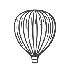 Hot air balloon with vertical lines and small basket, hand drawn in black line. Travel themed doodle perfect for postcards, invitations, or tourist design. Vector illustration.