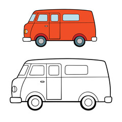 A fun van cartoon coloring page featuring a cute, cheerful van with big wheels and smiling details, perfect for kids to color and spark creativity.
