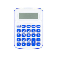 Blue calculator isolated on transparent background. Stock photo.