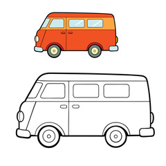 A fun van cartoon coloring page featuring a cute, cheerful van with big wheels and smiling details, perfect for kids to color and spark creativity.
