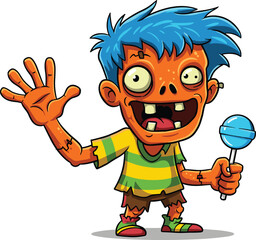 Funny Cartoon Orange Zombie Character with Blue Hair and Lollipop Isolated on White Background for Halloween DesignFunny Cartoon Orange Zombie Character with Blue Hair
