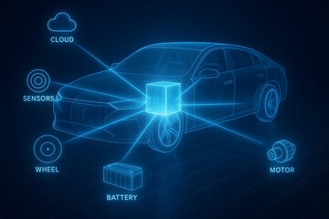 Fototapeta premium Hologram of Next-Generation Electric Vehicle Architecture with Central Supercomputer