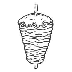 Stack of sliced meat on vertical skewer, hand drawn in bold doodle style. Traditional street Turkish food icon for fast food packaging, menu, or poster. Vector illustration.