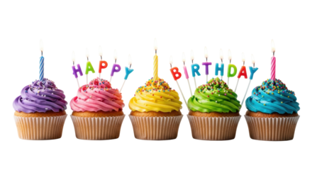 Five vibrant cupcakes with swirled purple, pink, yellow, green, blue frosting, rainbow sprinkles, burning candles, "HAPPY BIRTHDAY" letters, transparent studio background with copy space, birthday