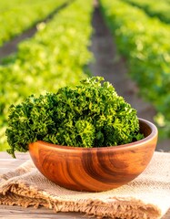 Fresh parsley bunch in wooden bowl, field background