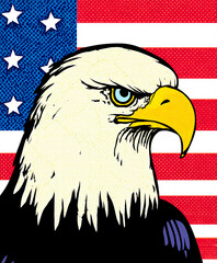 Patriotic eagle portrait over American flag in pop art style.