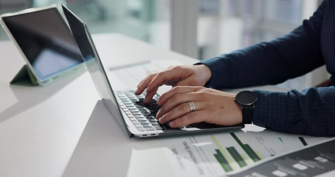 Business person, hands or typing with laptop for accounting, statistics or finance in office. Accountant, employee or analyst with computer, document or graph for company budget planning in workplace