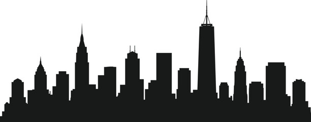 Obraz premium City skyline silhouette, black urban architecture vector, spired skyscraper graphic, metropolitan building design, modern cityscape clipart, minimal skyline art
