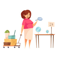 Woman at a garage sale looking at mirrors next to a cart of boxes