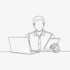 Man working on laptop and tablet in minimalist line art style