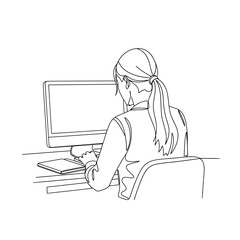 Woman working on computer with ponytail