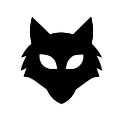 A black silhouette of a wolf head with pointed ears and piercing white eyes on a white background plain