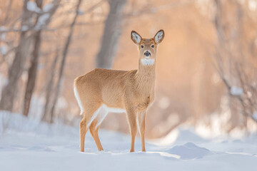 Obraz premium majestic deer stands gracefully in snow framed by stunning winter sunset