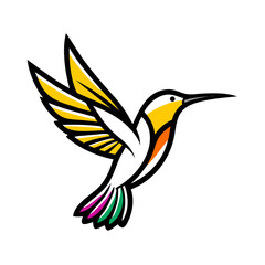 Illustration of a colorful hummingbird with yellow wings and a long beak in flight position on white