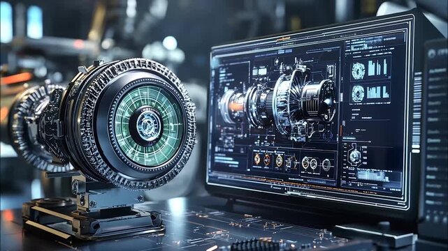 Close-up macro of an electronic circuit board with processor chip and other technology components for computer and digital data hardware