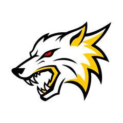 Illustration of a snarling white wolf head with red eyes and yellow accents on a white background
